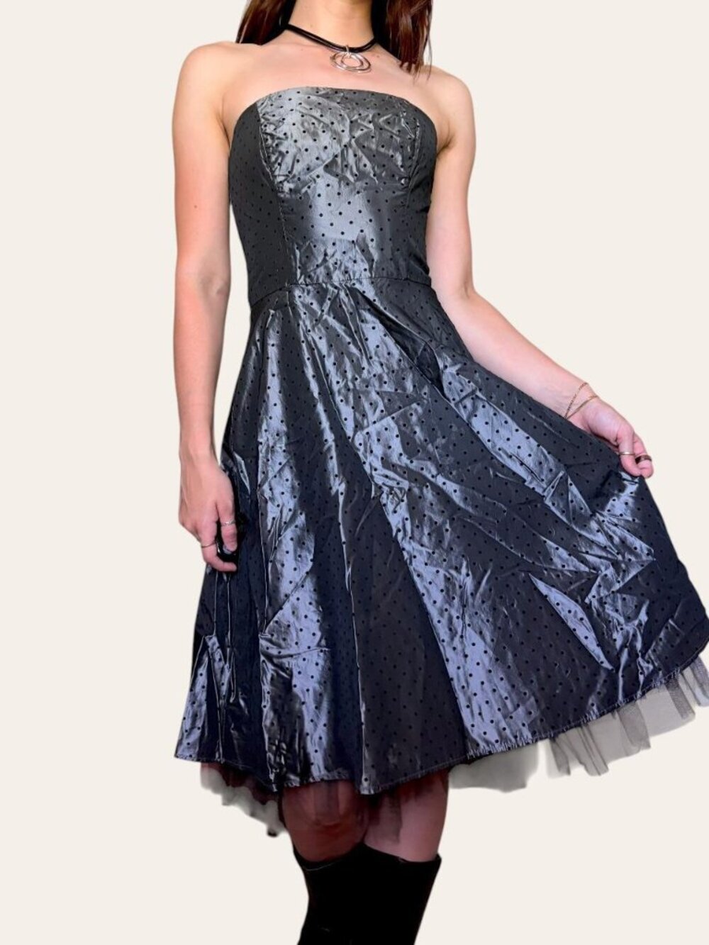 90s Rampage vintage strapless grunge silver black polka dot metallic party dress - Picture 5 of 7